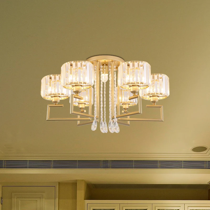 Moderne 3/6-lichts inbouwkroonluchter met heldere kristallen kap, cilinderplafondlamp gouden afwerking Clearhalo