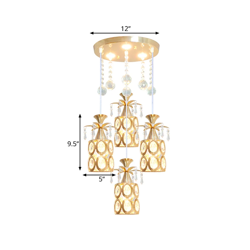 Moderne 4-lichts multi-plafondlamp met kristallen ingebedde kap en cilinderhanger met gouden afwerking Clearhalo