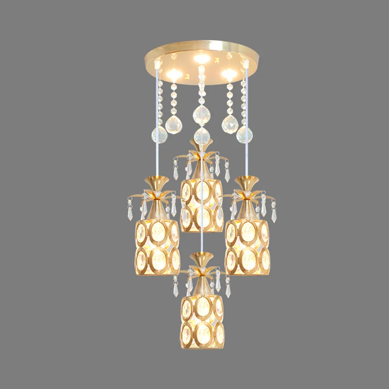 Moderne 4-lichts multi-plafondlamp met kristallen ingebedde kap en cilinderhanger met gouden afwerking Clearhalo