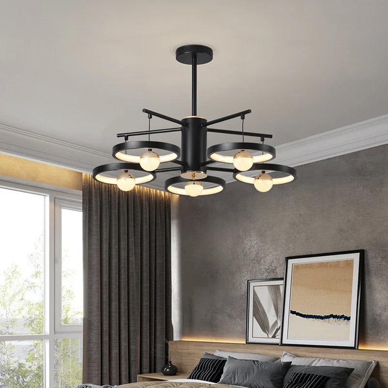 Moderne 5/6-kops semi-gemonteerde verlichting, zwarte afwerking, lus-LED dicht bij plafondlamp met acrylkap, 25,5"/29,5" b...