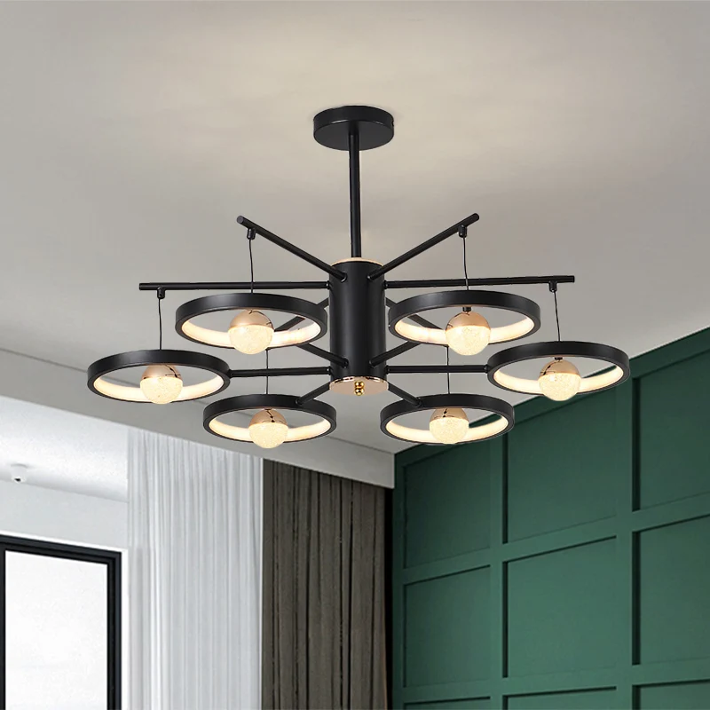 Moderne 5/6-kops semi-gemonteerde verlichting, zwarte afwerking, lus-LED dicht bij plafondlamp met acrylkap, 25,5"/29,5" b...