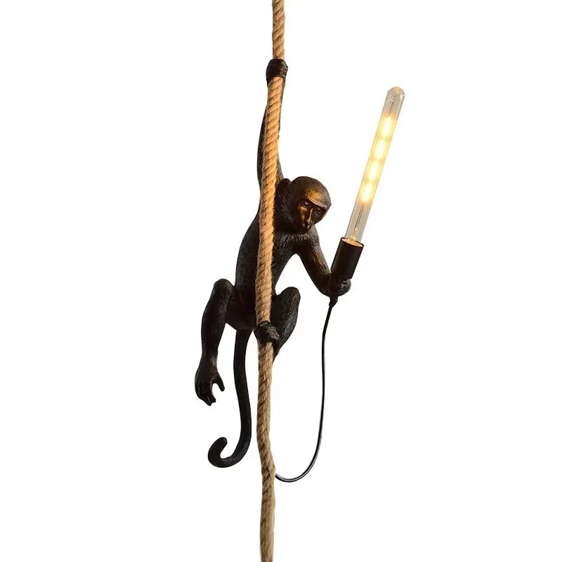 Moderne aap-plafondlamp van hars met één lamp, hangende hanglamp voor restaurants met henneptouw Clearhalo