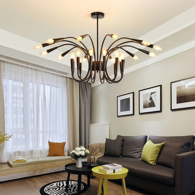 Moderne abstracte metalen kroonluchterverlichting met meerdere lampen, zwarte hangende hanglamp met kale lamp en gebogen a...