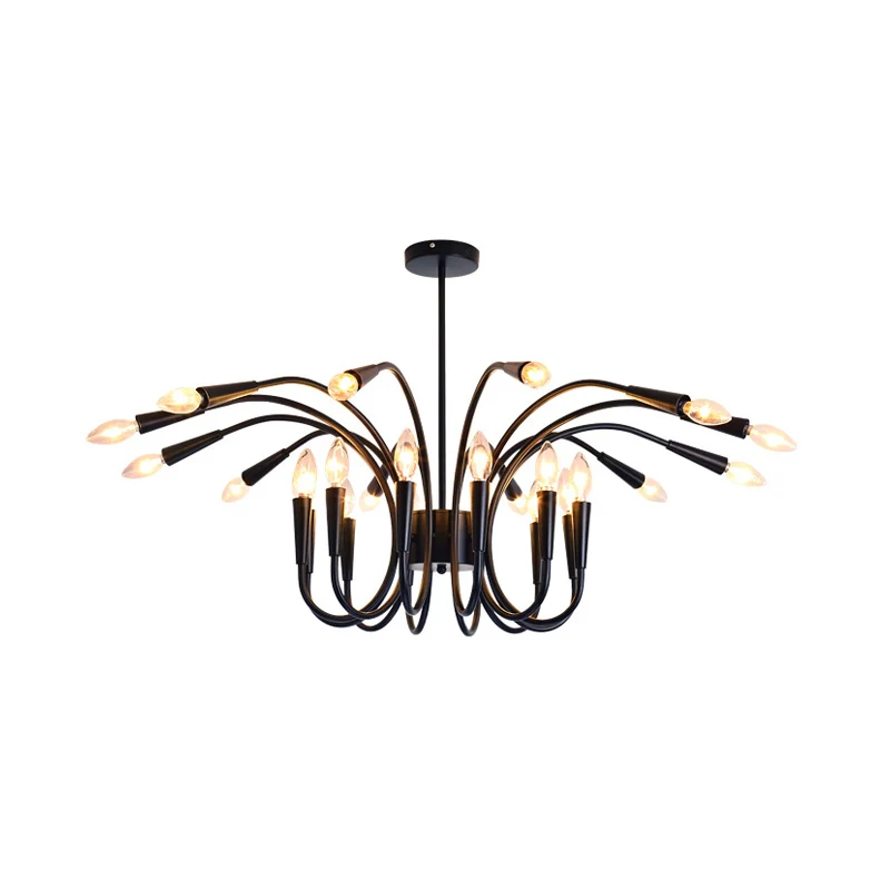 Moderne abstracte metalen kroonluchterverlichting met meerdere lampen, zwarte hangende hanglamp met kale lamp en gebogen a...