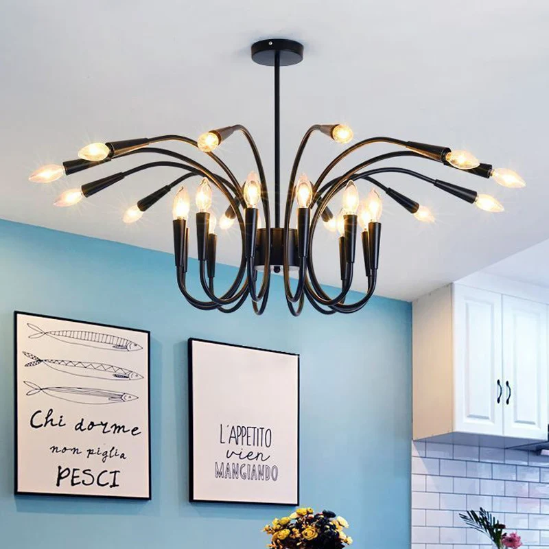 Moderne abstracte metalen kroonluchterverlichting met meerdere lampen, zwarte hangende hanglamp met kale lamp en gebogen a...
