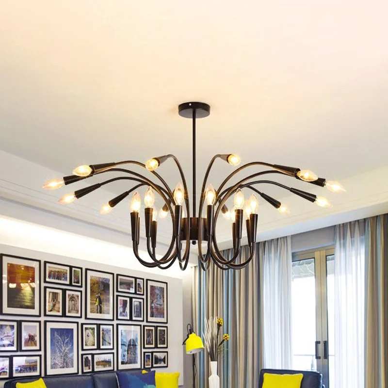 Moderne abstracte metalen kroonluchterverlichting met meerdere lampen, zwarte hangende hanglamp met kale lamp en gebogen a...
