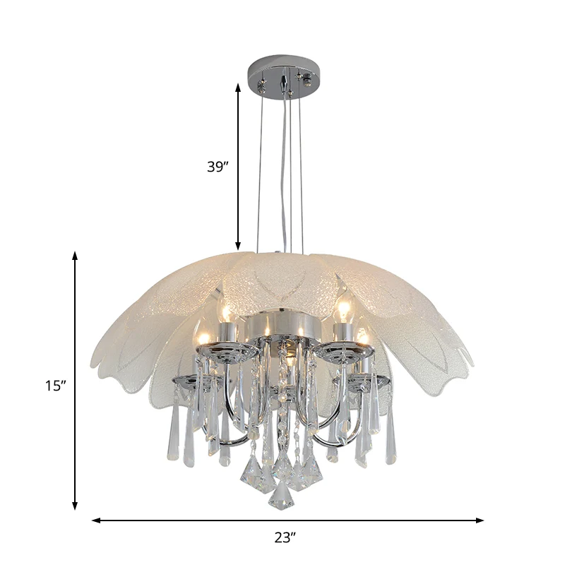 Moderne bloemenkroonluchter met licht getextureerde glazen kap 5-lichts chromen plafondlamp met kristallen druppel Clearhalo