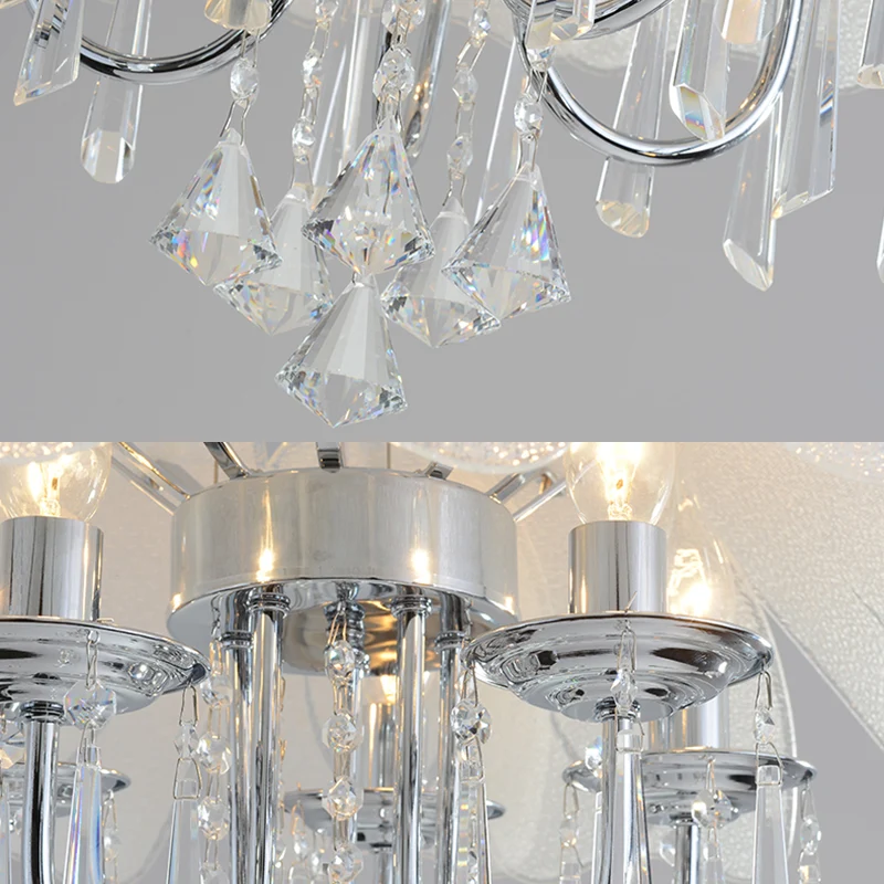 Moderne bloemenkroonluchter met licht getextureerde glazen kap 5-lichts chromen plafondlamp met kristallen druppel Clearhalo