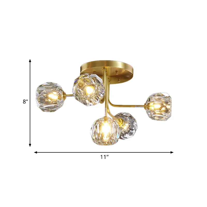 Moderne bol semi-inbouwlamp 3/5-lichts helder kristallen plafondverlichting goud met Spoetnik-ontwerp Clearhalo
