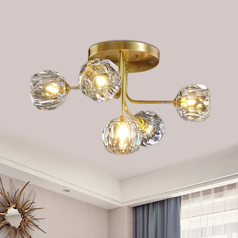 Moderne bol semi-inbouwlamp 3/5-lichts helder kristallen plafondverlichting goud met Spoetnik-ontwerp Clearhalo
