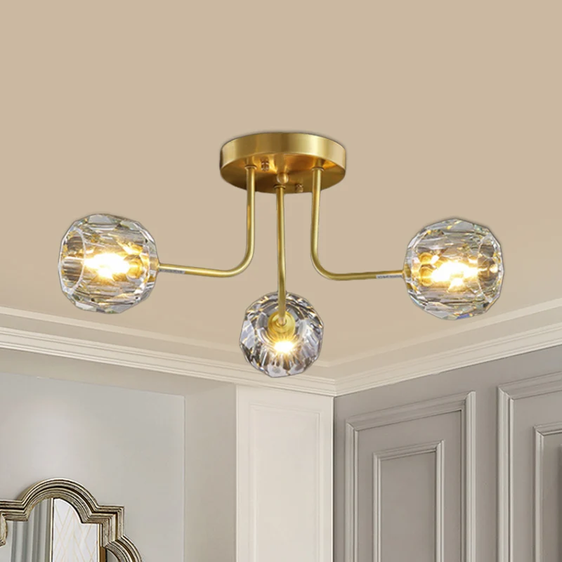 Moderne bol semi-inbouwlamp 3/5-lichts helder kristallen plafondverlichting goud met Spoetnik-ontwerp Clearhalo