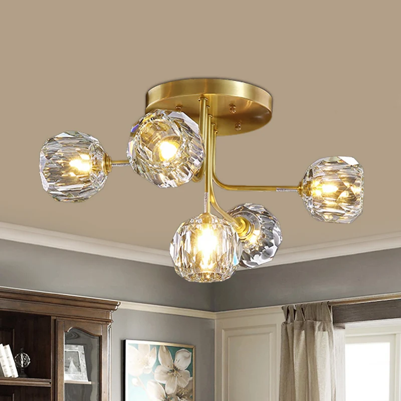 Moderne bol semi-inbouwlamp 3/5-lichts helder kristallen plafondverlichting goud met Spoetnik-ontwerp Clearhalo