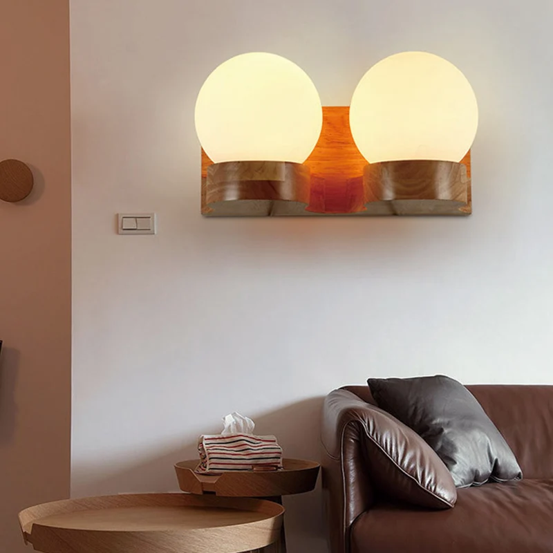 Moderne bolschaduw schanslamp crèmekleurig glas LED woonkamer wandverlichting hout Clearhalo