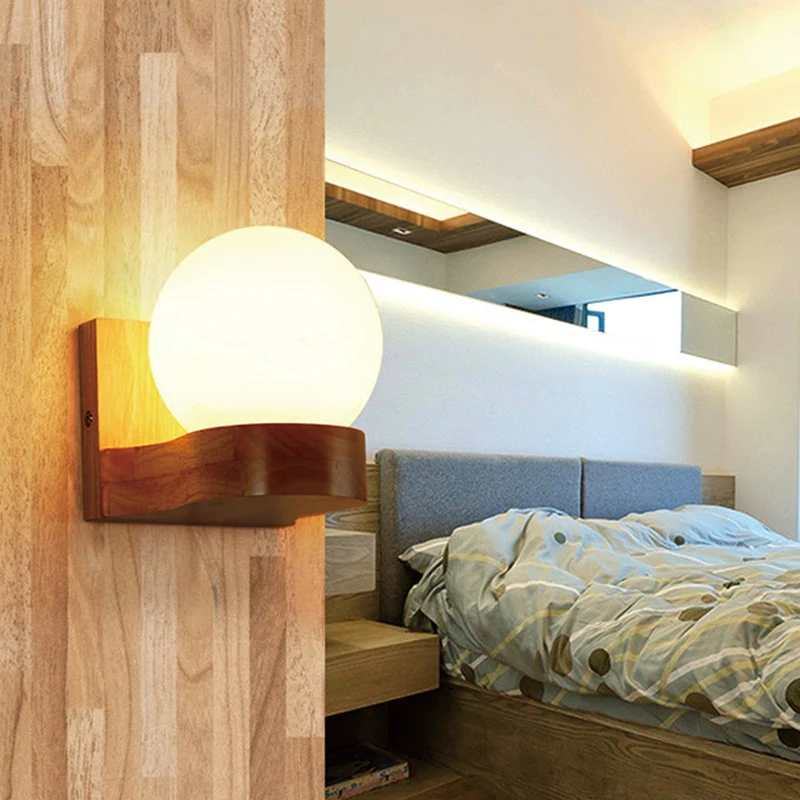 Moderne bolschaduw schanslamp crèmekleurig glas LED woonkamer wandverlichting hout Clearhalo