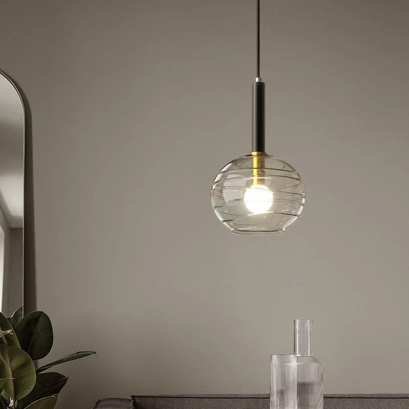Moderne bolvormige hangende verlichting, transparant getextureerd glas, enkele eetkamerhanger zwart Clearhalo