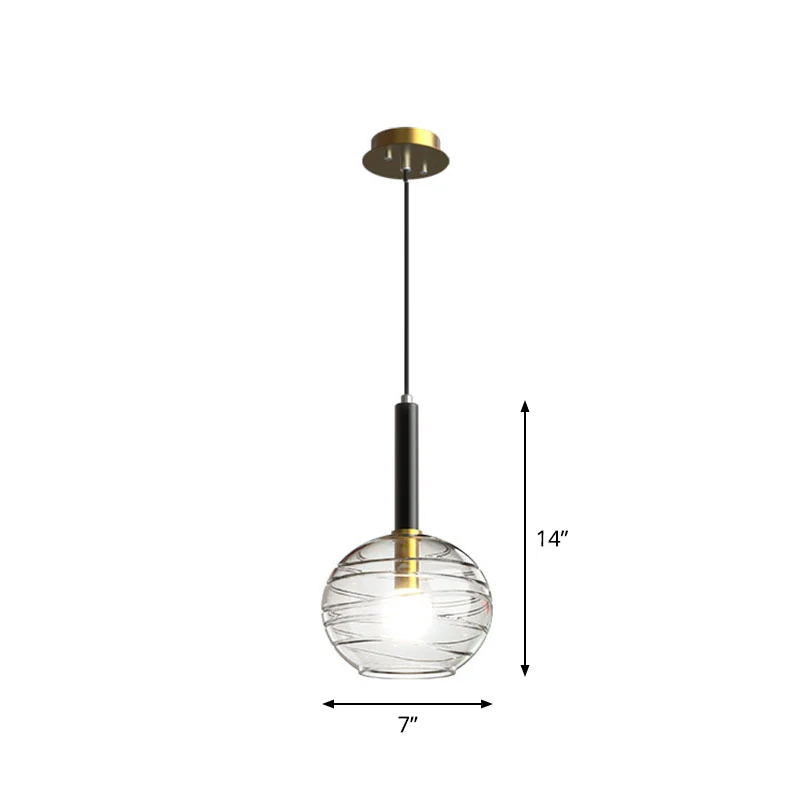 Moderne bolvormige hangende verlichting, transparant getextureerd glas, enkele eetkamerhanger zwart Clearhalo
