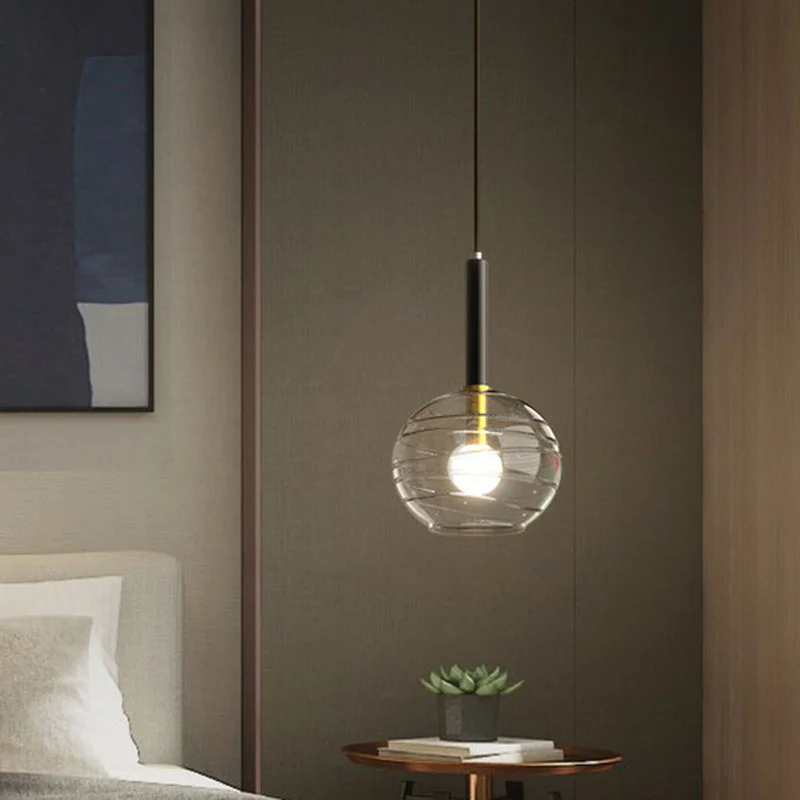 Moderne bolvormige hangende verlichting, transparant getextureerd glas, enkele eetkamerhanger zwart Clearhalo