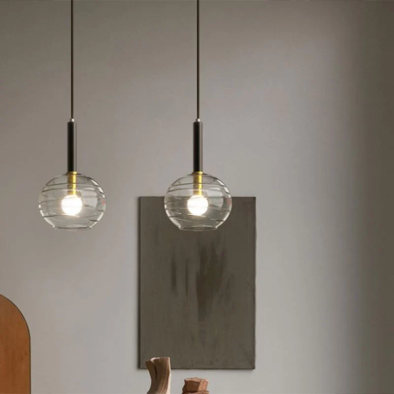 Moderne bolvormige hangende verlichting, transparant getextureerd glas, enkele eetkamerhanger zwart Clearhalo