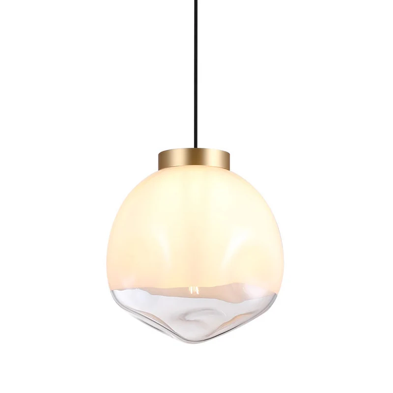 Moderne bolvormige hanglamp, wit en helder glas met kuiltjes, 1-koppig hangend plafondlampje naast het bed messing Clearhalo
