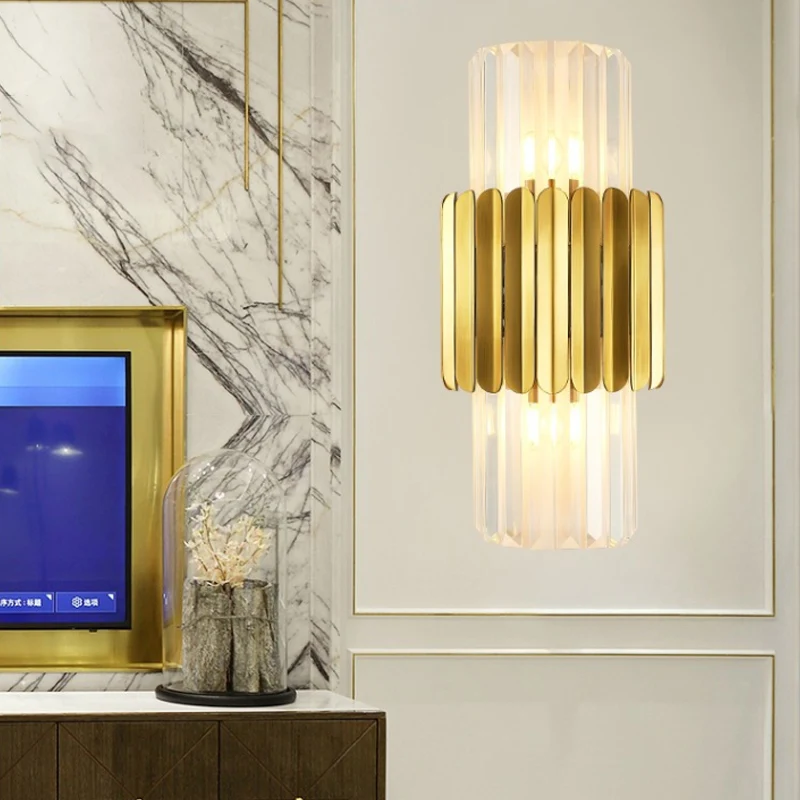 Moderne cilinder wandmontage lamp helder kristal 2 hoofden slaapkamer muur verlichtingsarmatuur goud Clearhalo