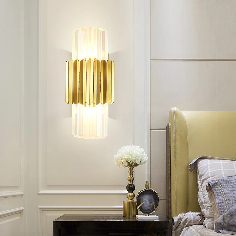 Moderne cilinder wandmontage lamp helder kristal 2 hoofden slaapkamer muur verlichtingsarmatuur goud Clearhalo