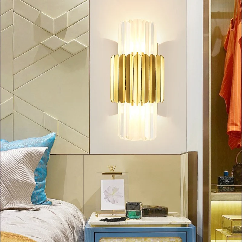 Moderne cilinder wandmontage lamp helder kristal 2 hoofden slaapkamer muur verlichtingsarmatuur goud Clearhalo