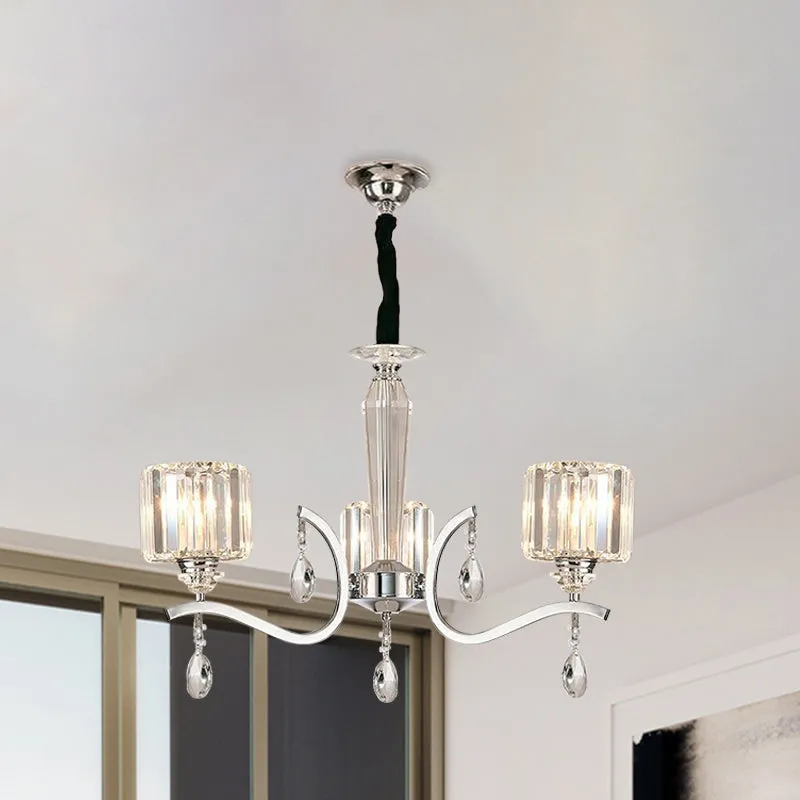 Moderne cilindrische kristallen hanglamp met 3 lampen en gebogen chroomarm Clearhalo