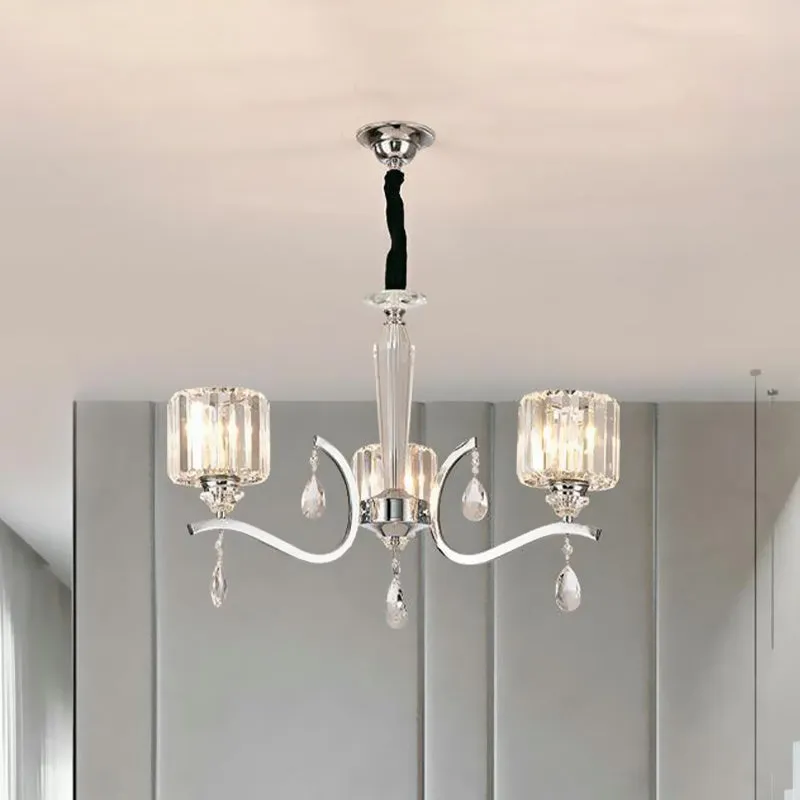 Moderne cilindrische kristallen hanglamp met 3 lampen en gebogen chroomarm Clearhalo