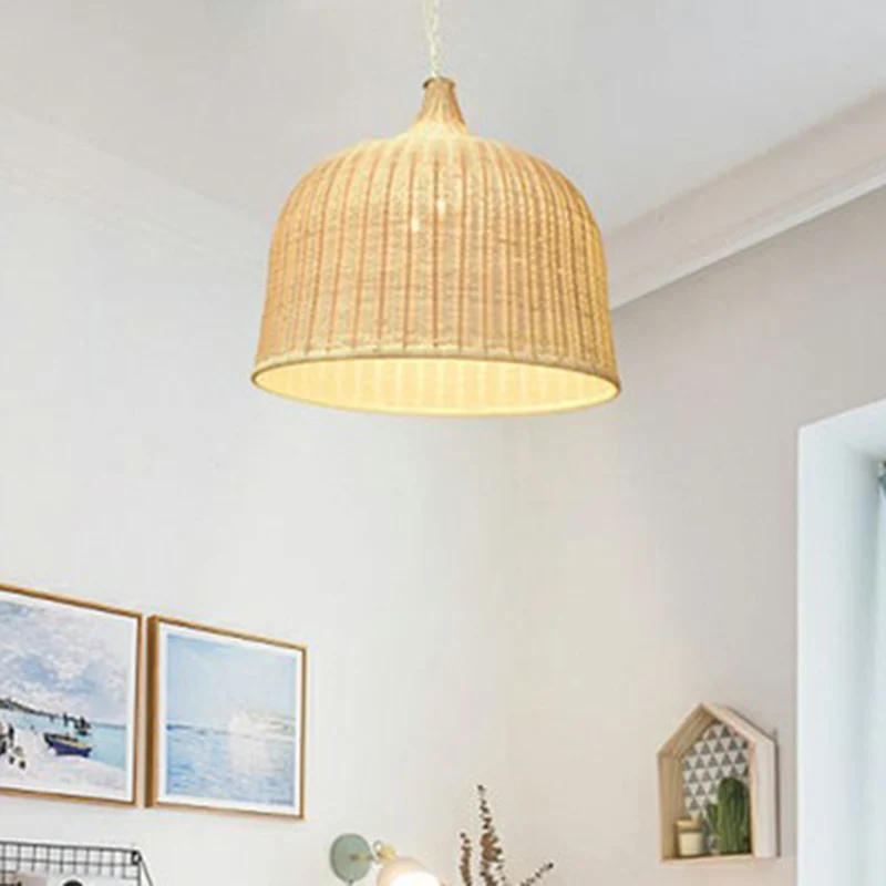 Moderne cloche-vormige hanglamp van bamboe, 1-lichts slaapkamerplafondlamp hout Clearhalo