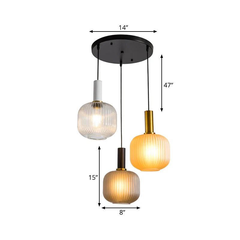 Moderne clusterpothanger van gekleurd geribbeld glas met 3 lampen en gouden hangende verlichtingsarmatuur Clearhalo
