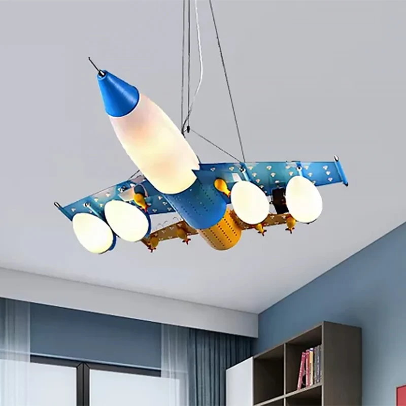 Moderne coole gevechtsvliegtuig hanglamp metaal blauwe kroonluchter voor studeerkamer kleuterschool Clearhalo