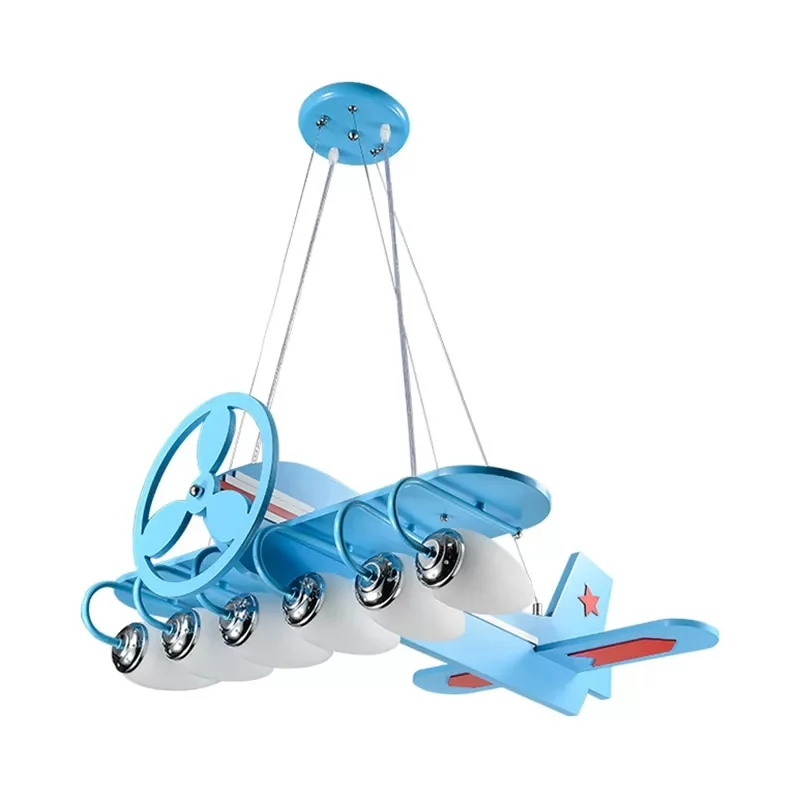 Moderne coole propeller vliegtuig kroonluchter 6 lampen houten ophanglamp blauw voor jongensslaapkamer Clearhalo