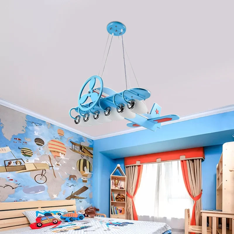 Moderne coole propeller vliegtuig kroonluchter 6 lampen houten ophanglamp blauw voor jongensslaapkamer Clearhalo