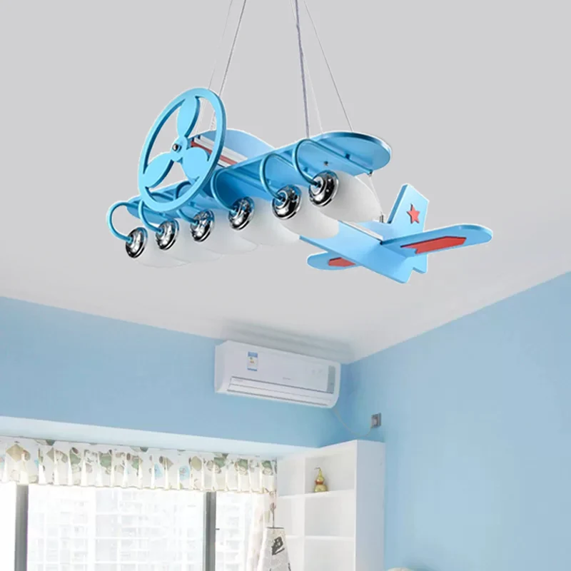 Moderne coole propeller vliegtuig kroonluchter 6 lampen houten ophanglamp blauw voor jongensslaapkamer Clearhalo