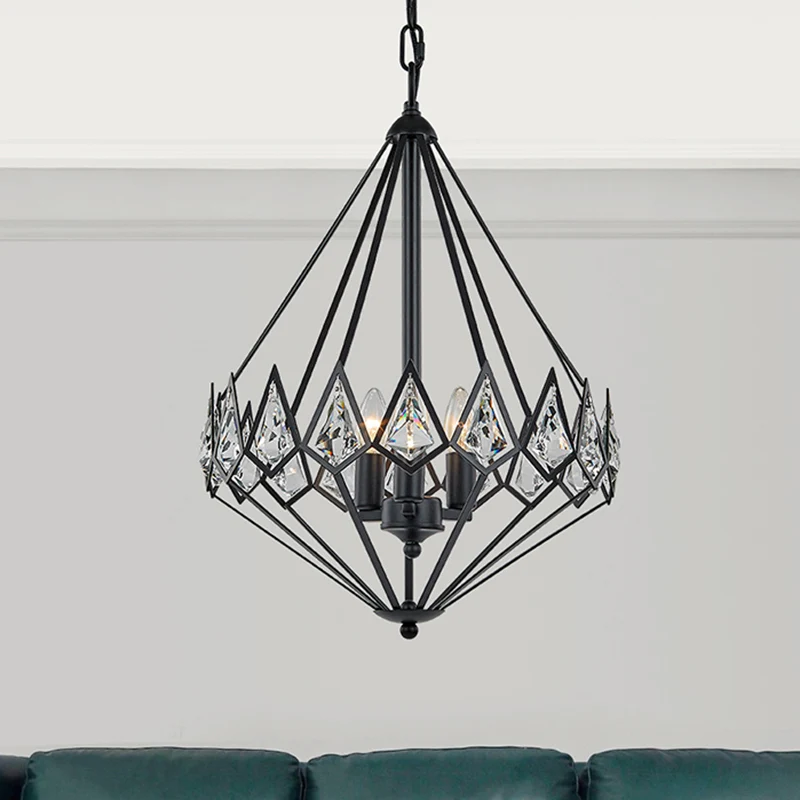 Moderne diamanten ophanghanger metalen 3-kops hangende salonkroonluchter met kristallen ingelegd zwart Clearhalo