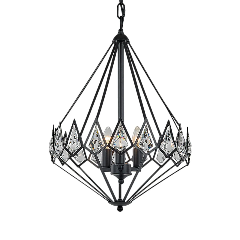 Moderne diamanten ophanghanger metalen 3-kops hangende salonkroonluchter met kristallen ingelegd zwart Clearhalo