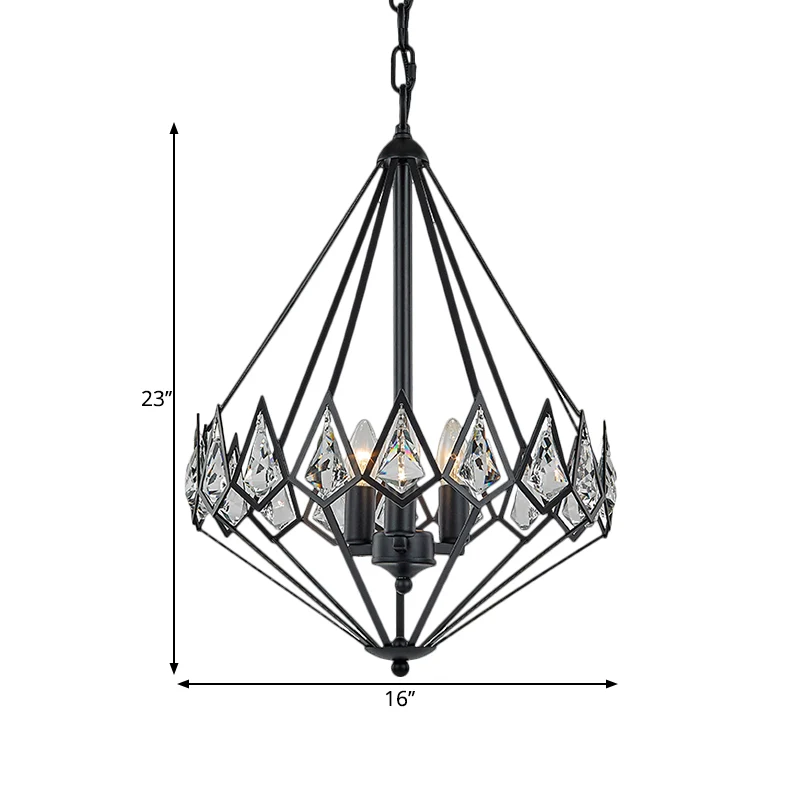 Moderne diamanten ophanghanger metalen 3-kops hangende salonkroonluchter met kristallen ingelegd zwart Clearhalo