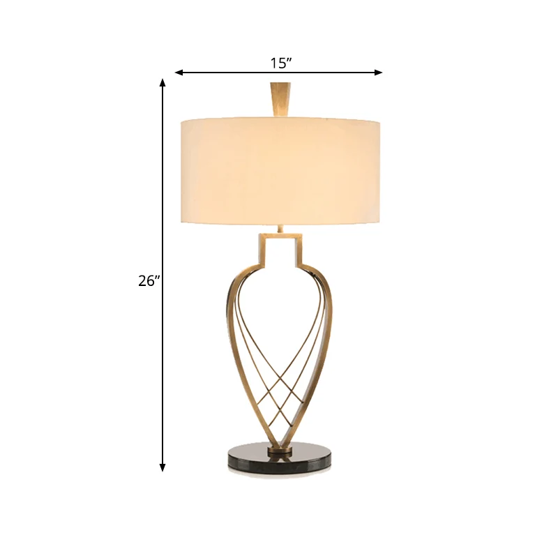Moderne Drum Nachttafellamp Stof 1 Lamp Studeerkamer Leeslamp Beige met Gouden Urn Frame Basis Clearhalo