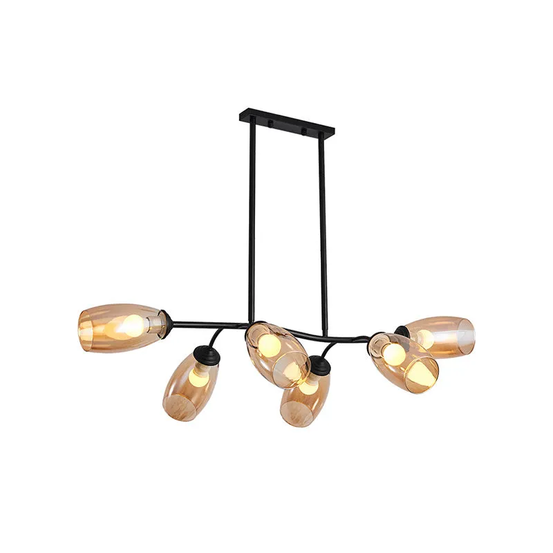 Moderne eilandhanglamp met 6 lampen en helder/amberkleurige glazen kap, plafondophangarmatuur met zwarte tak Clearhalo