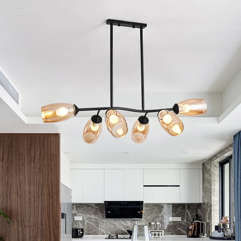 Moderne eilandhanglamp met 6 lampen en helder/amberkleurige glazen kap, plafondophangarmatuur met zwarte tak Clearhalo