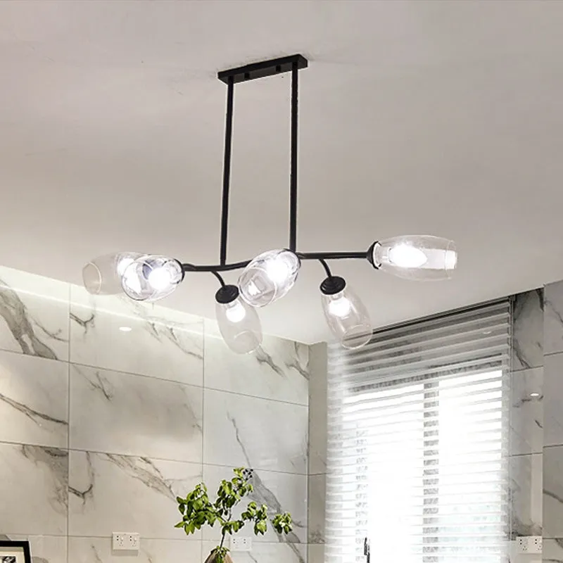 Moderne eilandhanglamp met 6 lampen en helder/amberkleurige glazen kap, plafondophangarmatuur met zwarte tak Clearhalo