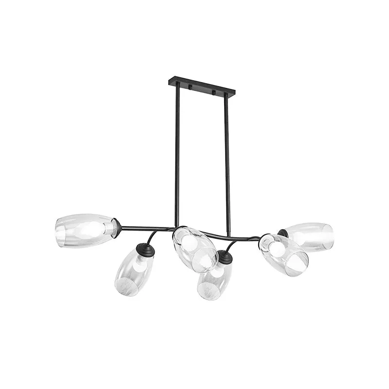 Moderne eilandhanglamp met 6 lampen en helder/amberkleurige glazen kap, plafondophangarmatuur met zwarte tak Clearhalo