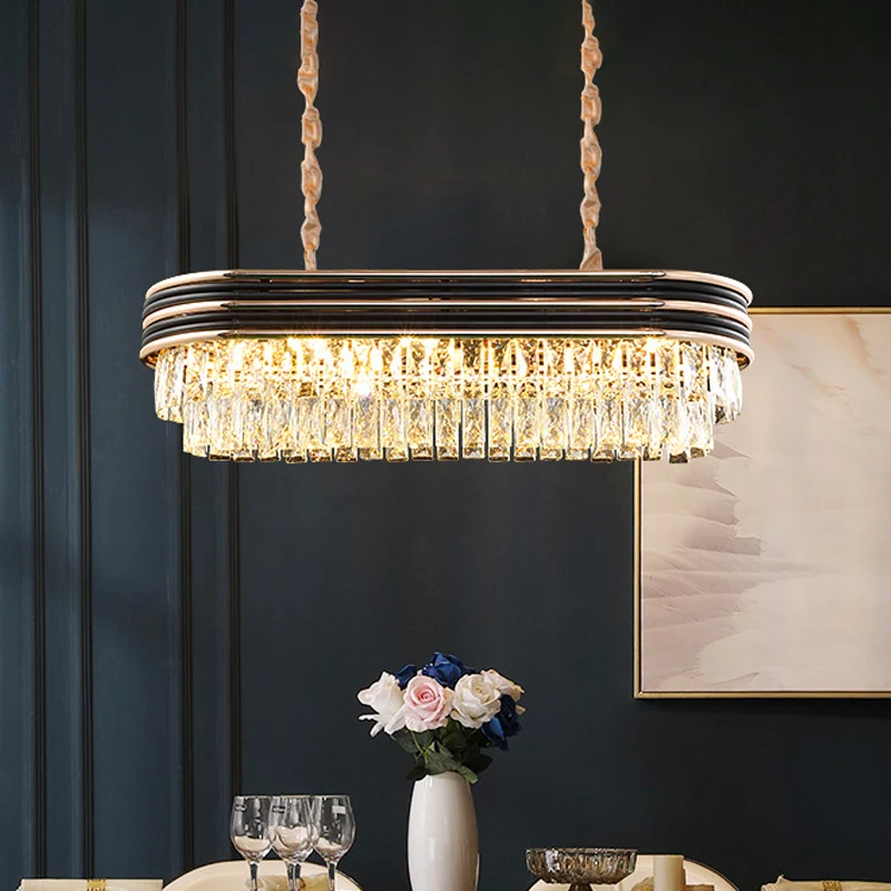 Moderne elliptische hanglamp met 8 lampen van geslepen kristal boven eiland zwart Clearhalo