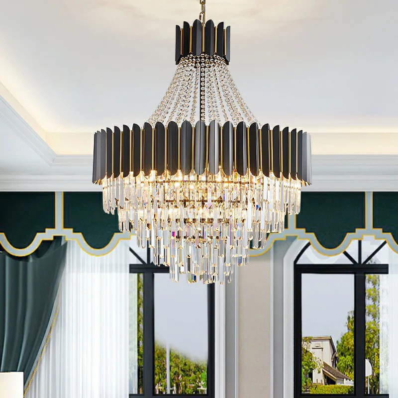 Moderne Empire-kroonluchter, prismatisch kristal, 11-lichts eetkamer-plafondhanger zwart Clearhalo