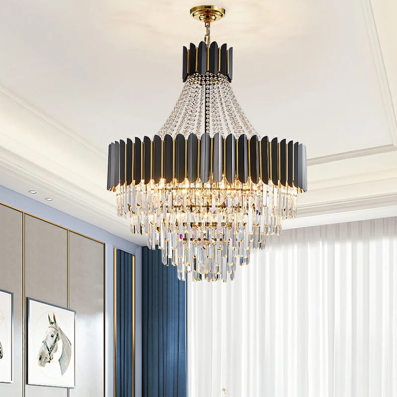 Moderne Empire-kroonluchter, prismatisch kristal, 11-lichts eetkamer-plafondhanger zwart Clearhalo