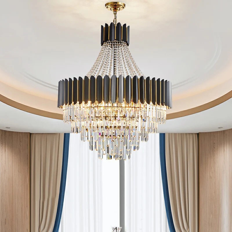 Moderne Empire-kroonluchter, prismatisch kristal, 11-lichts eetkamer-plafondhanger zwart Clearhalo