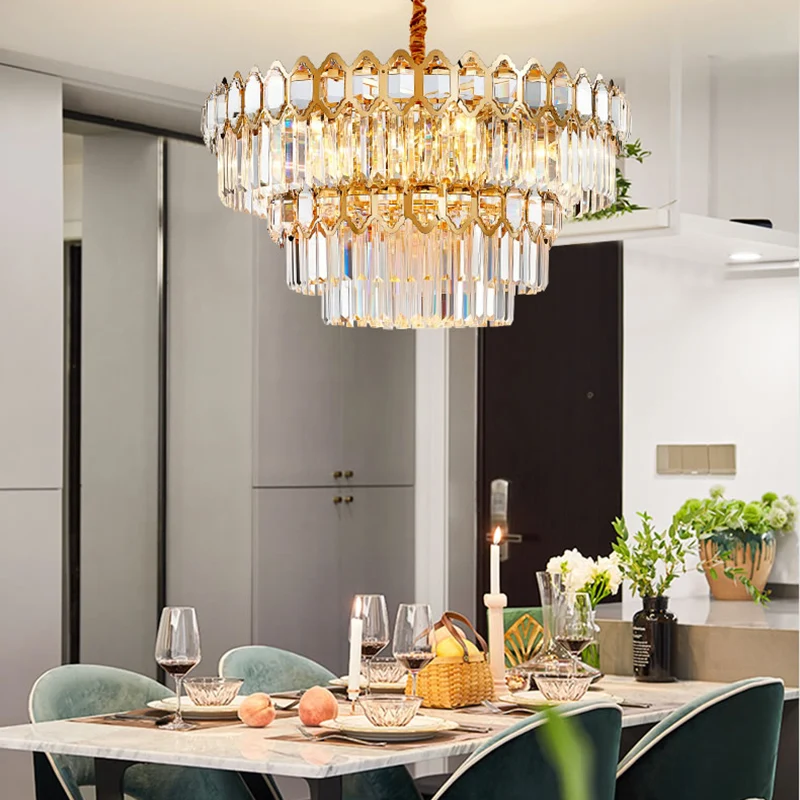 Moderne gelaagde kroonluchter licht gefacetteerd helder kristal prisma 8 lichts gouden hanglampset Clearhalo