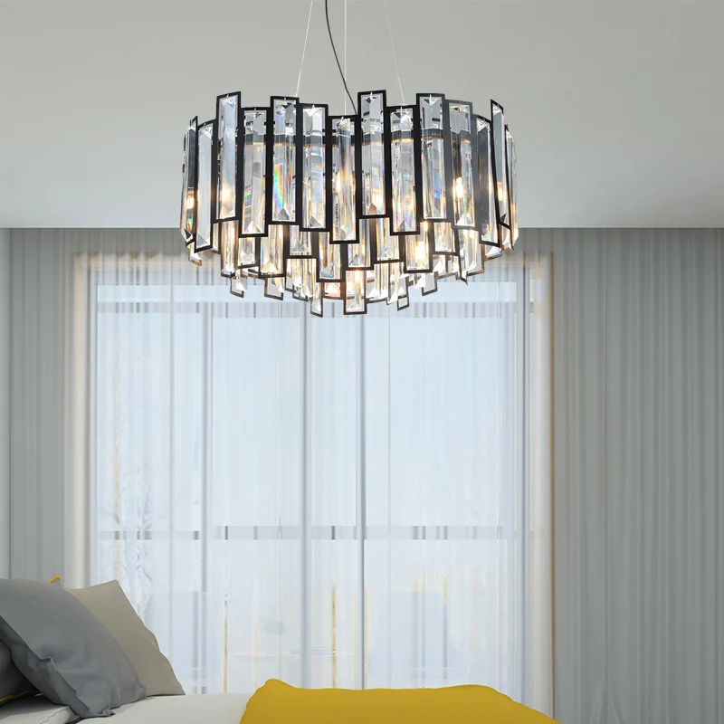 Moderne geometrische kroonluchterverlichtingsset Kristallen blok met zwart metalen frame 12 lampen Slaapkamerplafondlamp C...