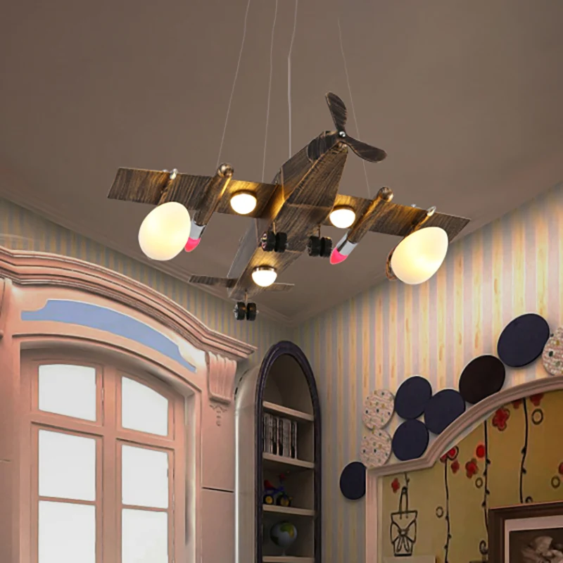 Moderne gevechtsvliegtuig hangende kroonluchter houten hangende plafondlamp brons voor slaapkamer Clearhalo