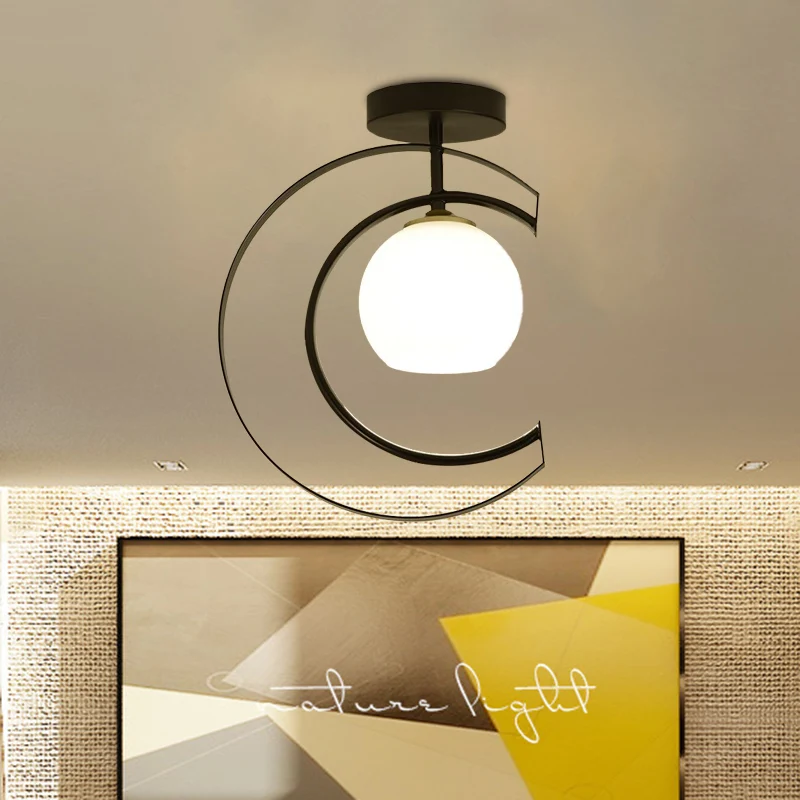 Moderne Globe semi-inbouwlamp wit glas 1-lichts slaapkamer plafondgemonteerde lamp zwart met maanijzeren frame Clearhalo